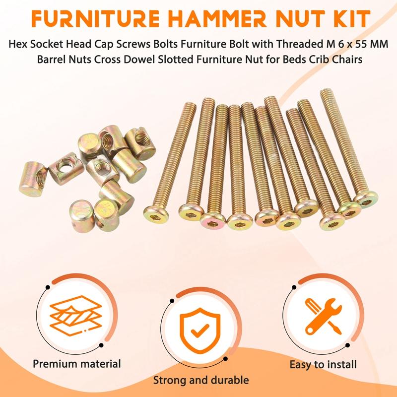 A96I-Hex Socket Head Cap Screws Bolts Furniture Bolt With Threaded M 6 X 55 MM Barrel Nuts Cross Dowel Slotted Furniture Nut For