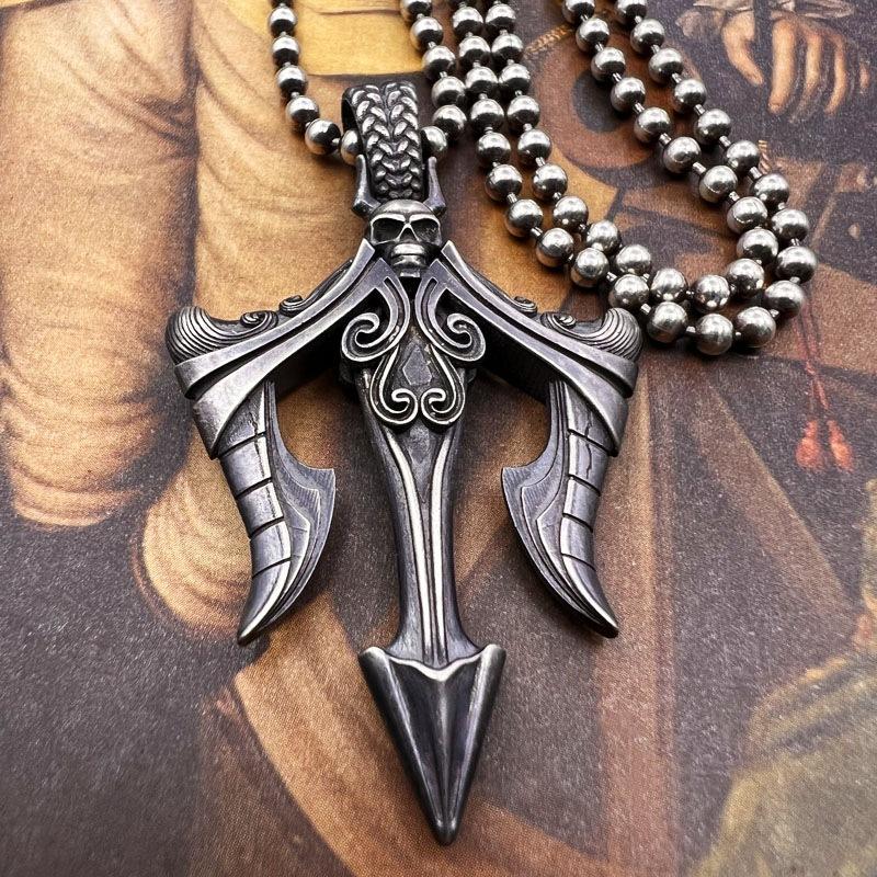 European and American Retro Water Pattern Trident Pendant, Trendy and Versatile Necklace for Men and Women