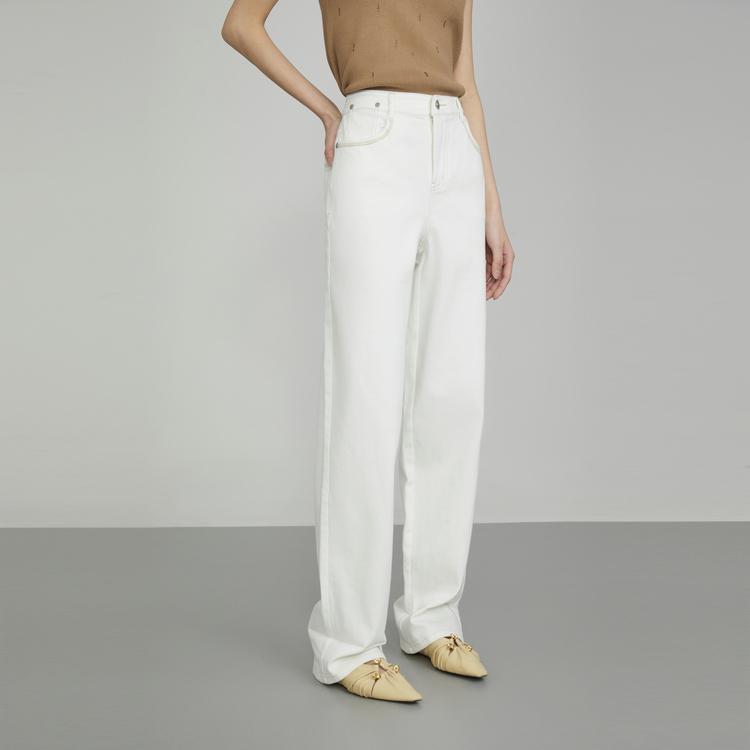 Elle French Design Solid Color Casual Straight Leg Jeans Women bottoms Off-White EQ50930
