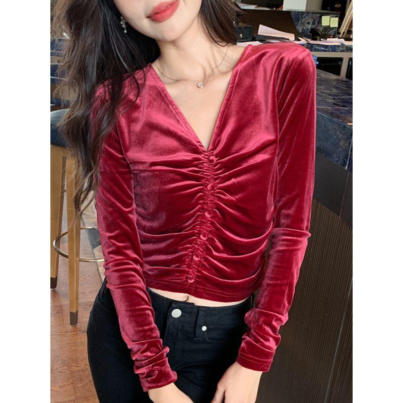 Small Fall and Winter New Arrival Fashion Commute Slim-Fit Easiest for Match V Neck Ruched Pleuche Long Sleeve T-shirt Bottoming Shirt