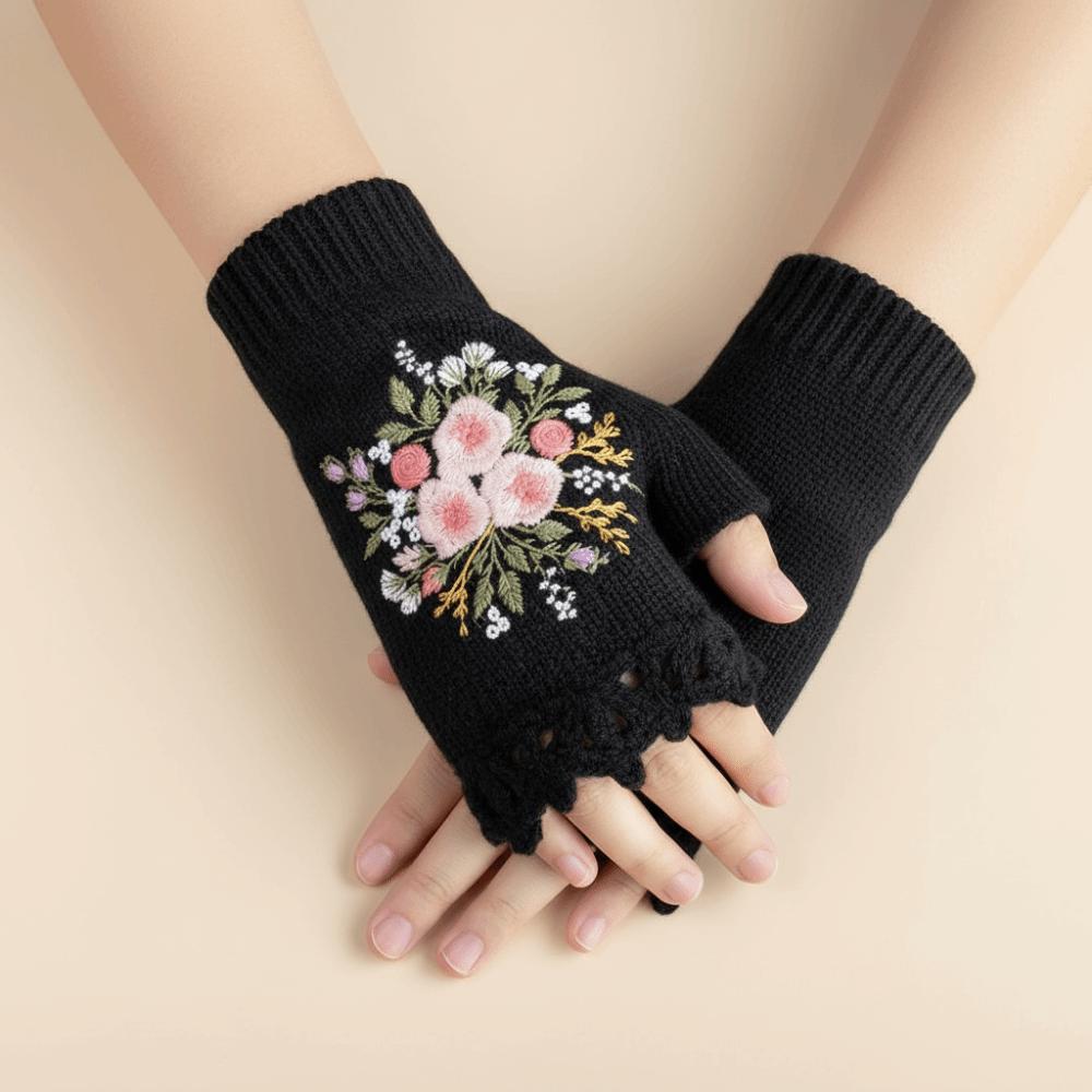 Vintage Embroidery Knitted Gloves Floral Fingerless Gloves All-Match Winter Wool Gloves  Outdoor