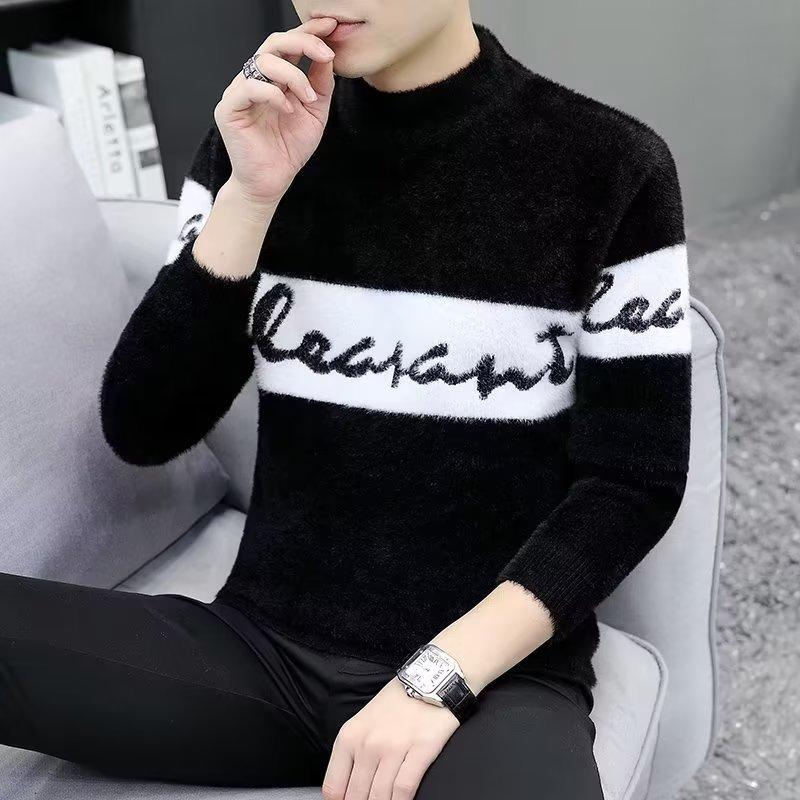 

Норковый флис, осень и зима, новый мужской кашемировый свитер, свободный утолщенный свитер с полувысоким воротником, повседневный вязаный шерстяной свитер с подкладкой