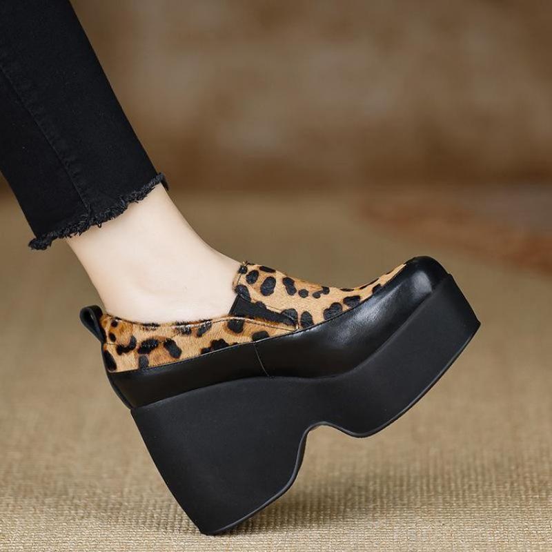 Handmade women's shoes 10cm small leather single shoes comfortable waterproof table high heel heightened wedge heel muffin loafers