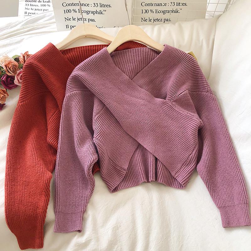 Women's Autumn/Winter 2021 Crossed Knit Short Sweater - Retro High Waist Loose Pullover.