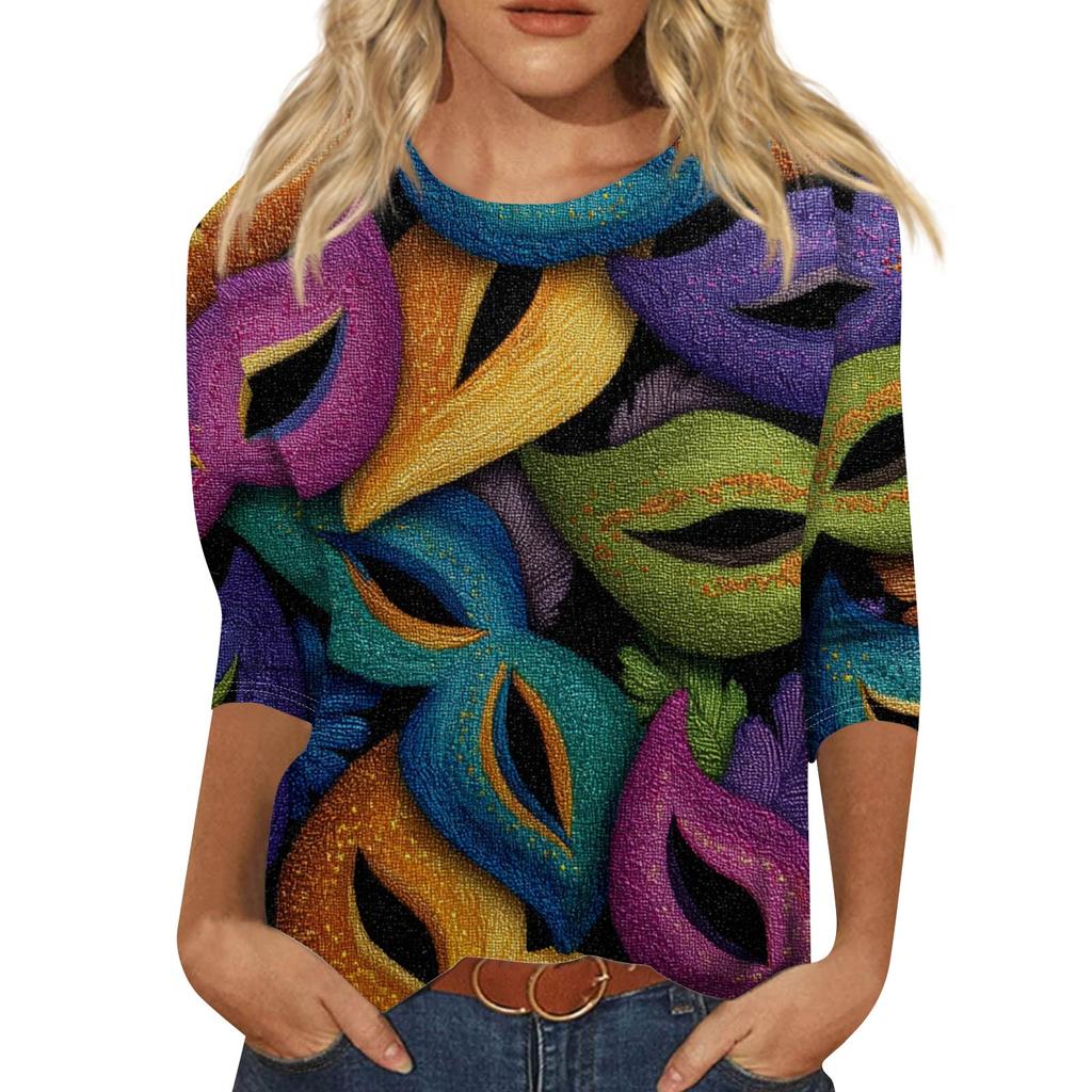 Top de Cuello con Estampado de Carnaval de Manga Tres Cuartos Casual y a la Moda para Mujer