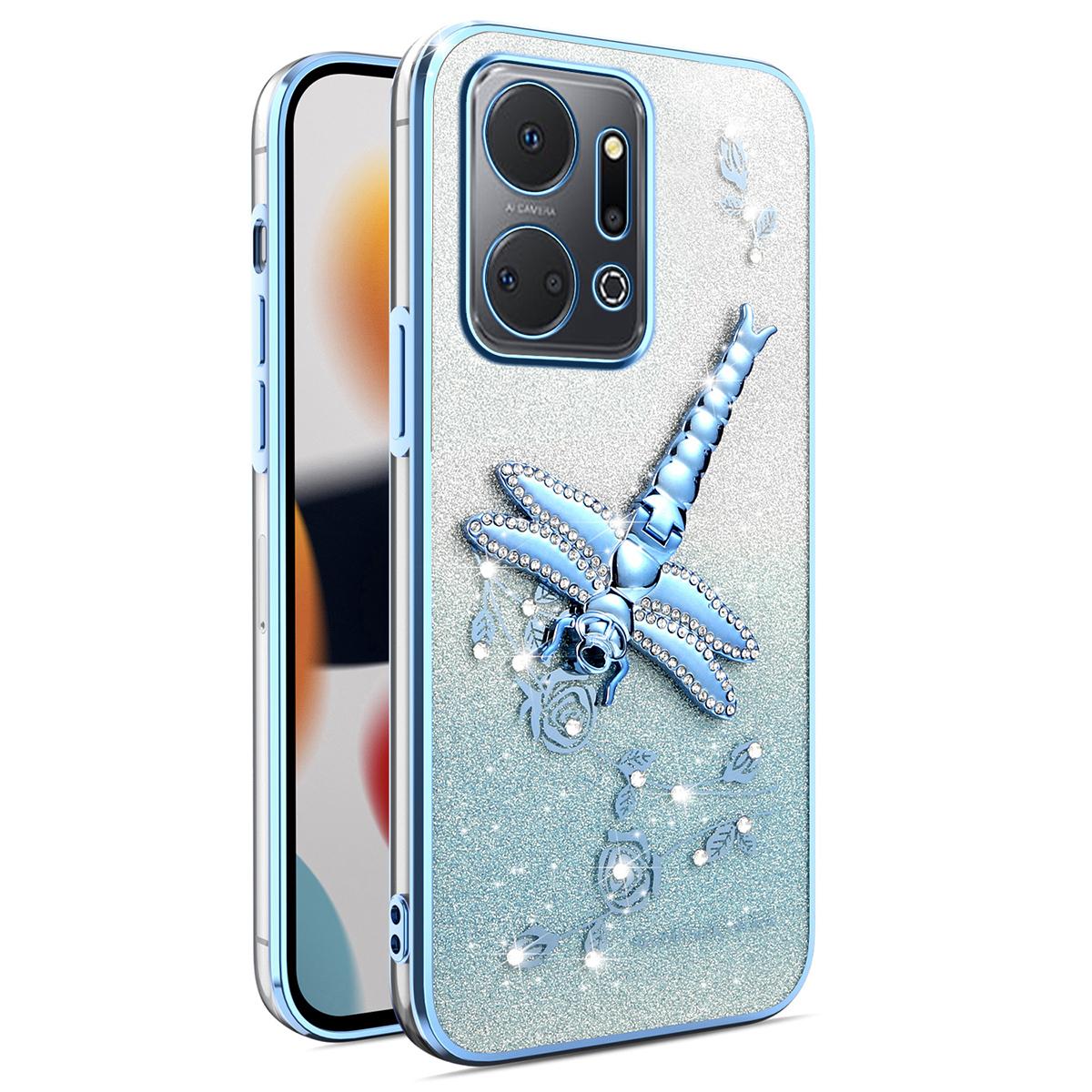 

For Honor X7a 4G Case Dragonfly Kickstand TPU Flowers Glitter Phone Cover Blue