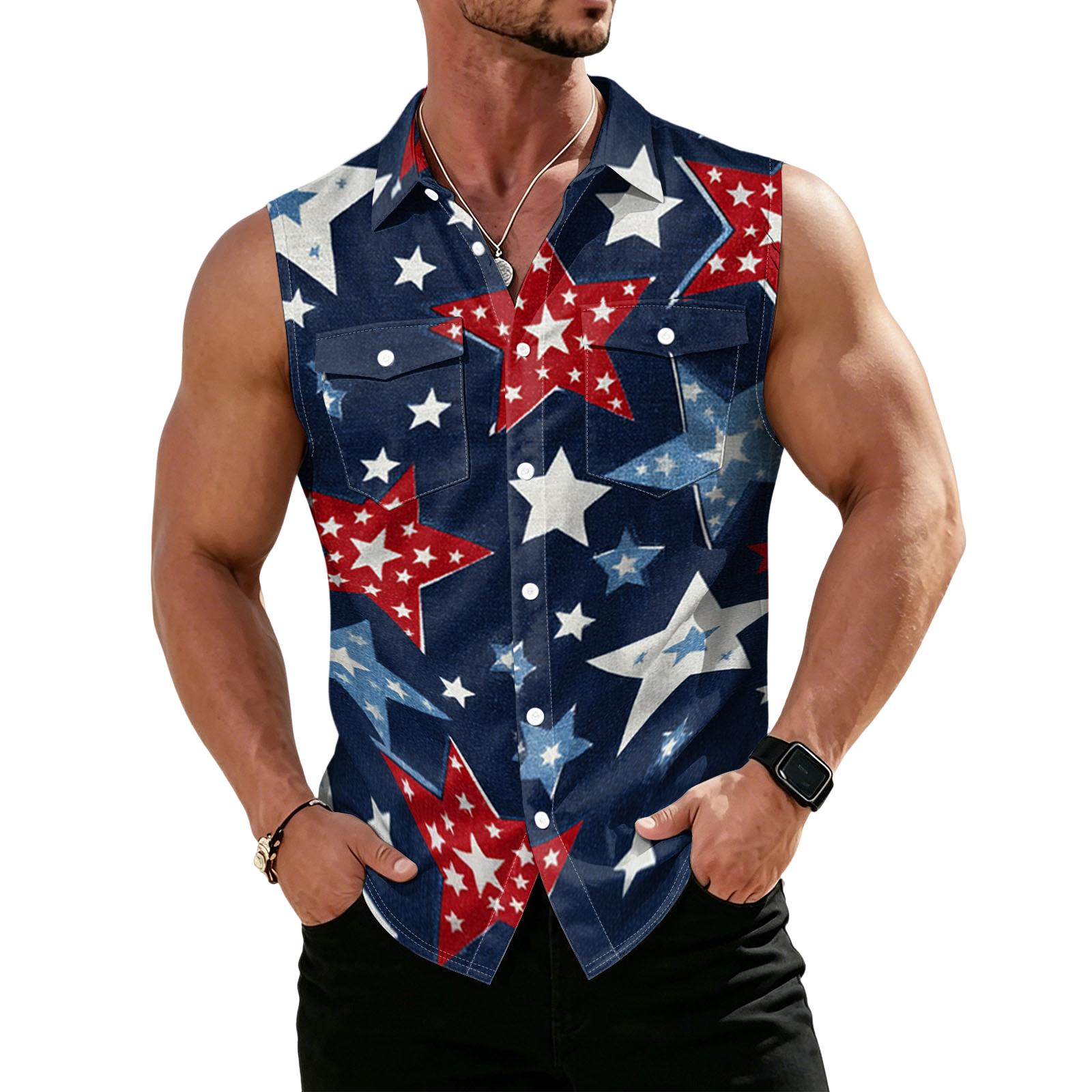 

Men’s Sleeveless Button Down Shirt with Printed Abstract Pattern Casual Fit Lightweight Design for Summer Wear M