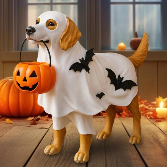 Halloween Ornament Dog Holding Pumpkin Bowl Ghost Statue Quirky Pet Figurine Indoor Outdoor Decoration