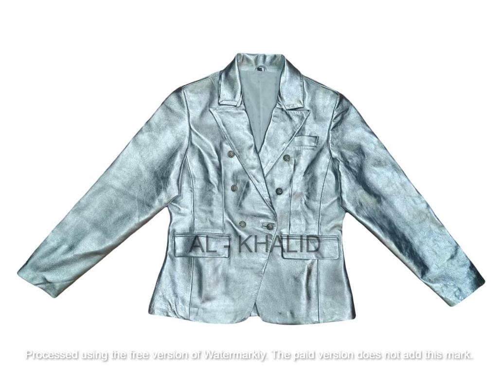 AL KHALID Äkta Lammskinn Läder Handgjord Dam Silver Kavaj Designer Formell Fest