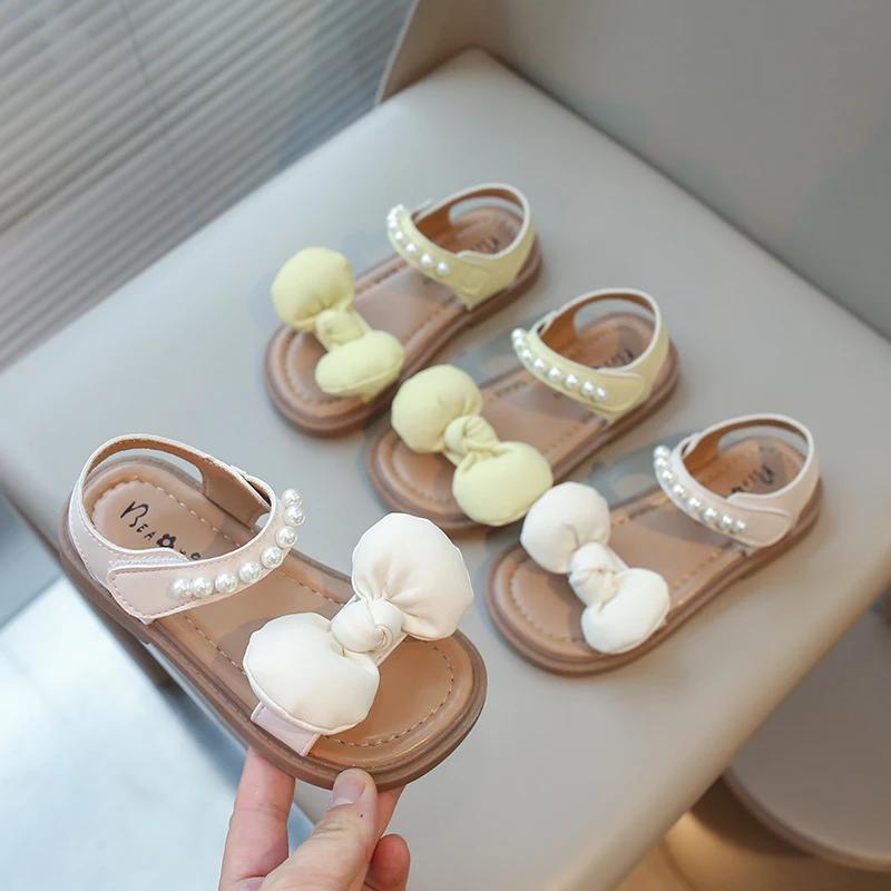 Baby Girls Sandals Soft Big Bowtie with Pearls Beading Princess Sweet Candy Color Kids Beach Shoes 2024 New Children Summer Flat