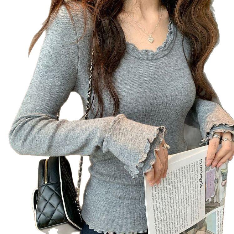 Korean Sweet Temperament Plush Women's Ruffle Round Neck Long Sleeve Top for Autumn/Winter