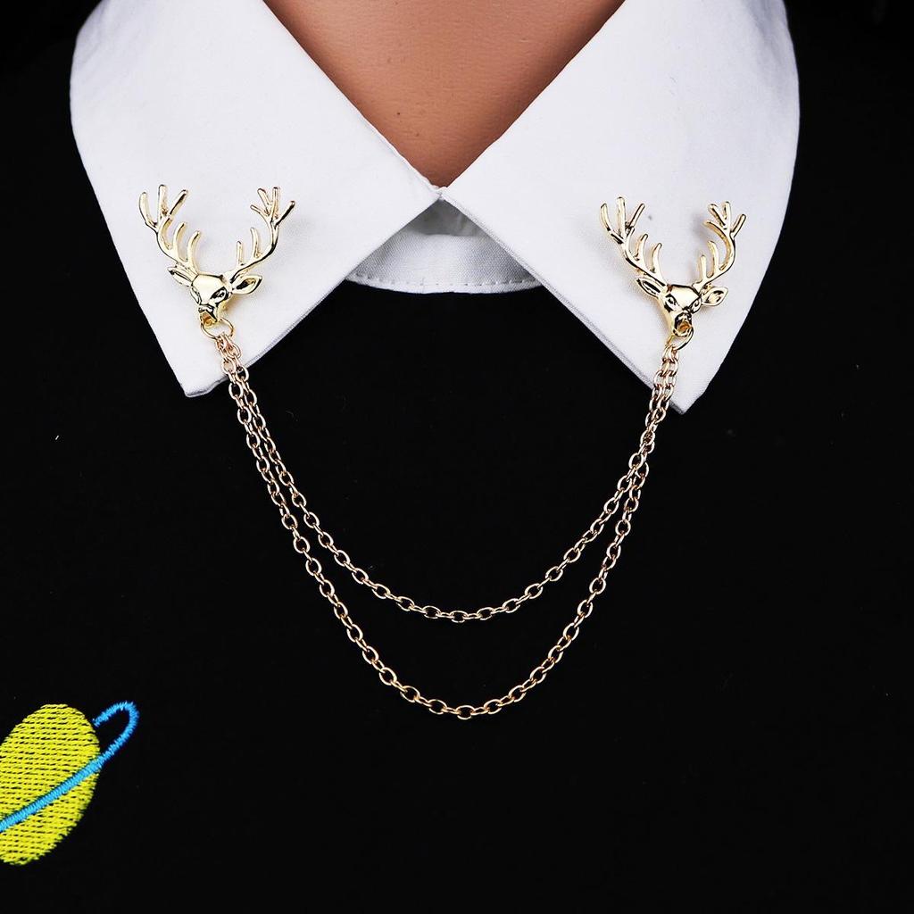 Korean Style Men's Shirt Collar with Deer Head Brooch and Chain Buckle