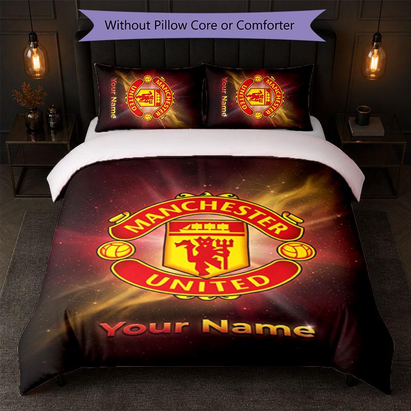 Set Biancheria da Letto Personalizzato Manchester United con Nome Testo 1 Copripiumino + 2 Federe Logo Calcio Regalo Personalizzato per Occasioni Speciali Decorazione Camera da Letto