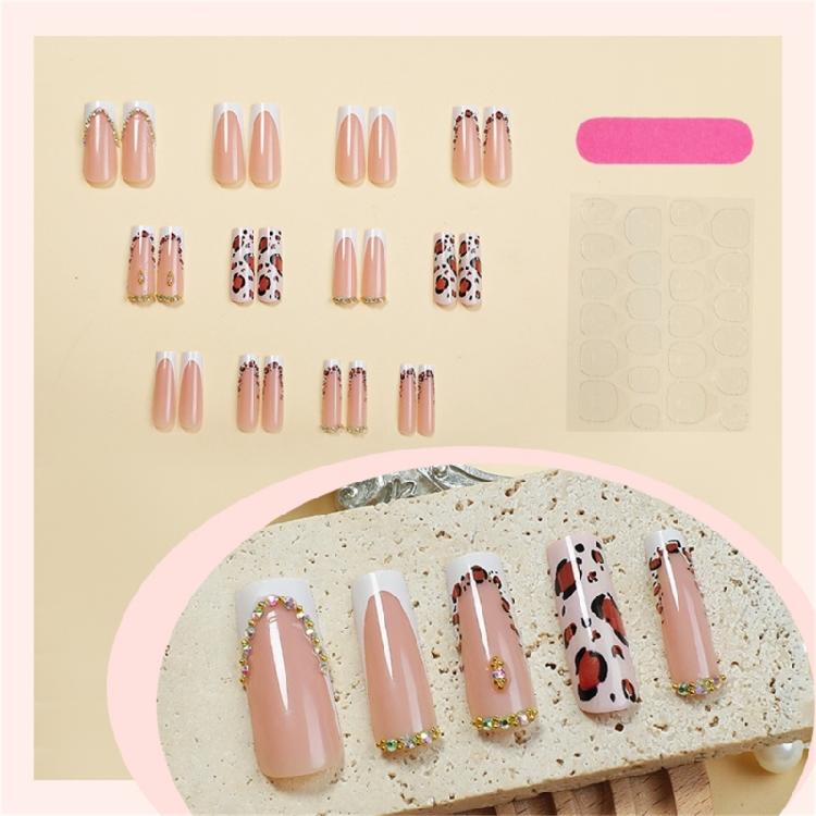24Pcs Long Square False Nail Glossy White French Tip Full Covers Leopard Press on Nail Manicure For Any Occasion