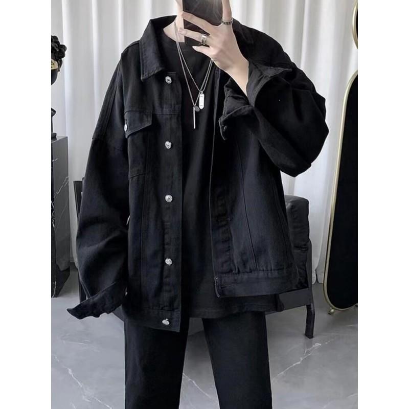 Unisex Black Denim Jacket Oversized Loose Fit Workwear Style Short Cropped Biker Chic Outerwear Casual