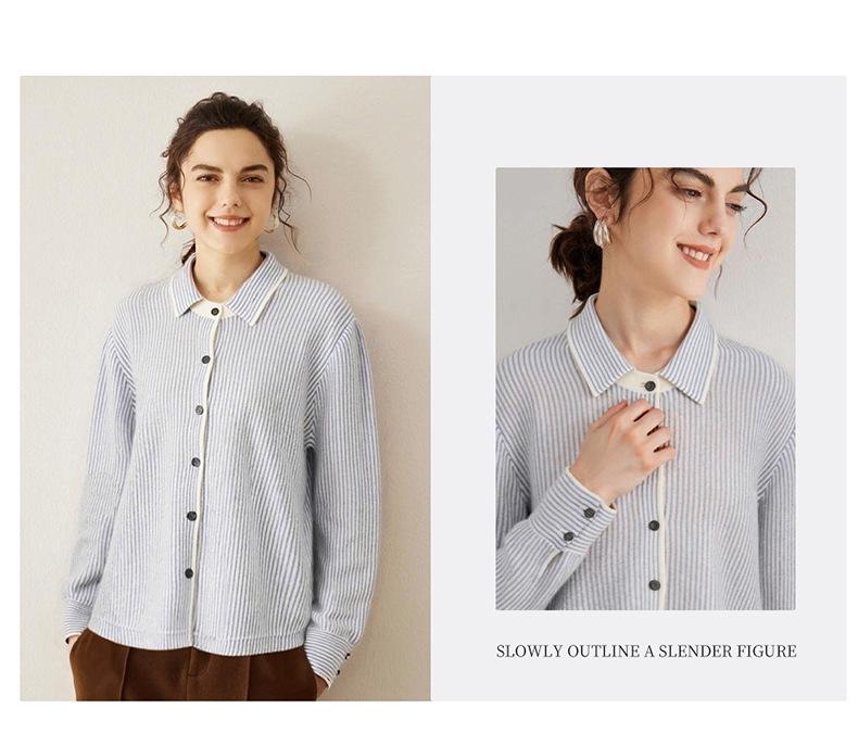Women's Pure Cashmere Stripe Knit Polo Collar Cardigan Sweater - Autumn/Winter Long Sleeve