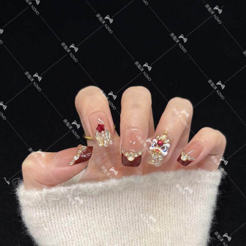 Joyful Lion Dance: New Year’s Cat Eye Handmade Nail Set - Heart & Polka Dot Manicure