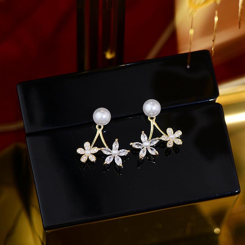 14K Real Gold Plating Korean  Fashion Jewelry Luxury Shiny Double Flower Pearl Earrings Exquisite Women's Daily Accessories