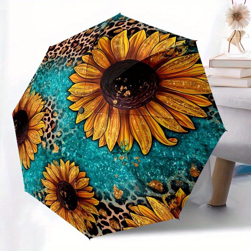 

1pc Leopard Sunflower Pattern Automatic Folding Umbrella - Portable & Foldable 8-Rib Design, Vibrant Yellow & Black Sunflowers (as the picture,Iron&8K)