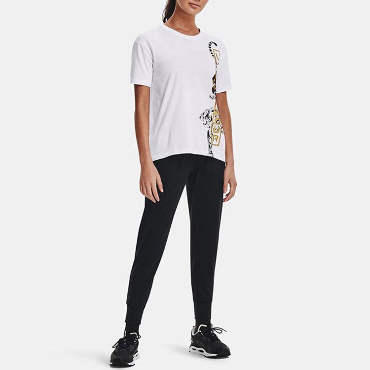 Under Armour New Spring Collection Tiger Logo Print Crew Neck T-Shirt Women Tops White 1366121-100