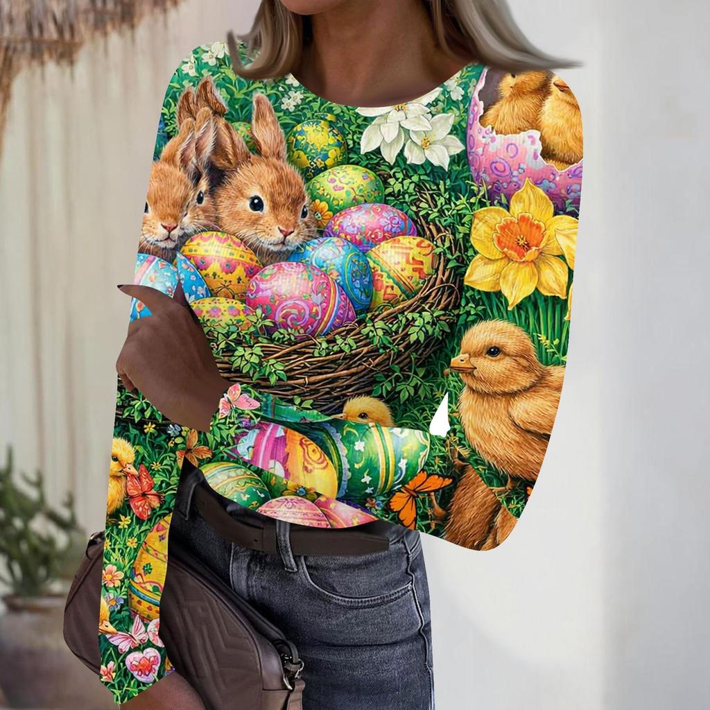 Women's Casual Fashion Round Neck Easter Print Long Sleeve Strip Top