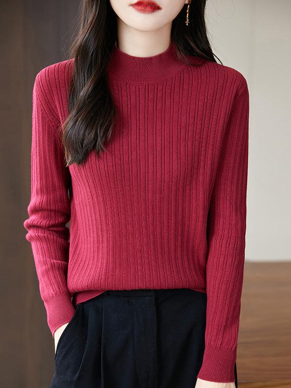 Women's Uneven Stripe Ribbed Cotton Knit Sweater - Half-High Neck Autumn/Winter Inner Layer Top