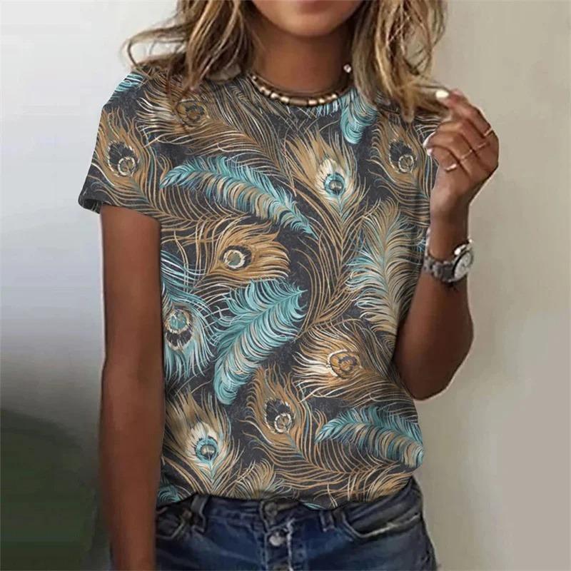 Summer Fashion Women's T-Shirt Peacock Feather 3D Printed Short Sleeve Tops Girl Loose Casual Loose Oversize Outdoor Clothing