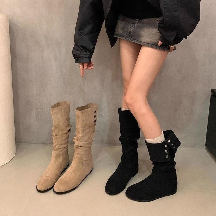 Pleated knee-folding boots piled up new locomotives but thin retro high boots inner height increase women's boots