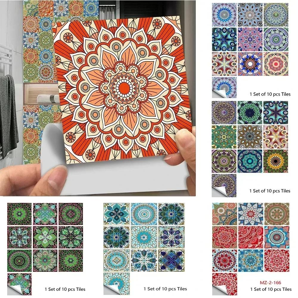 10pcs/set Mandala Style Crystal Hard Tiles Ceramics Wall Sticker Kitchen Wardrobe Decor Art Mural & Stick Wall Decals