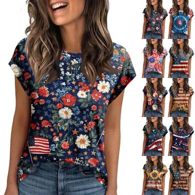 Women's Round Neck Short Sleeve Mid-Length T-Shirt Loose Casual Independence Day Printed Short Sleeve T-Shirt Top