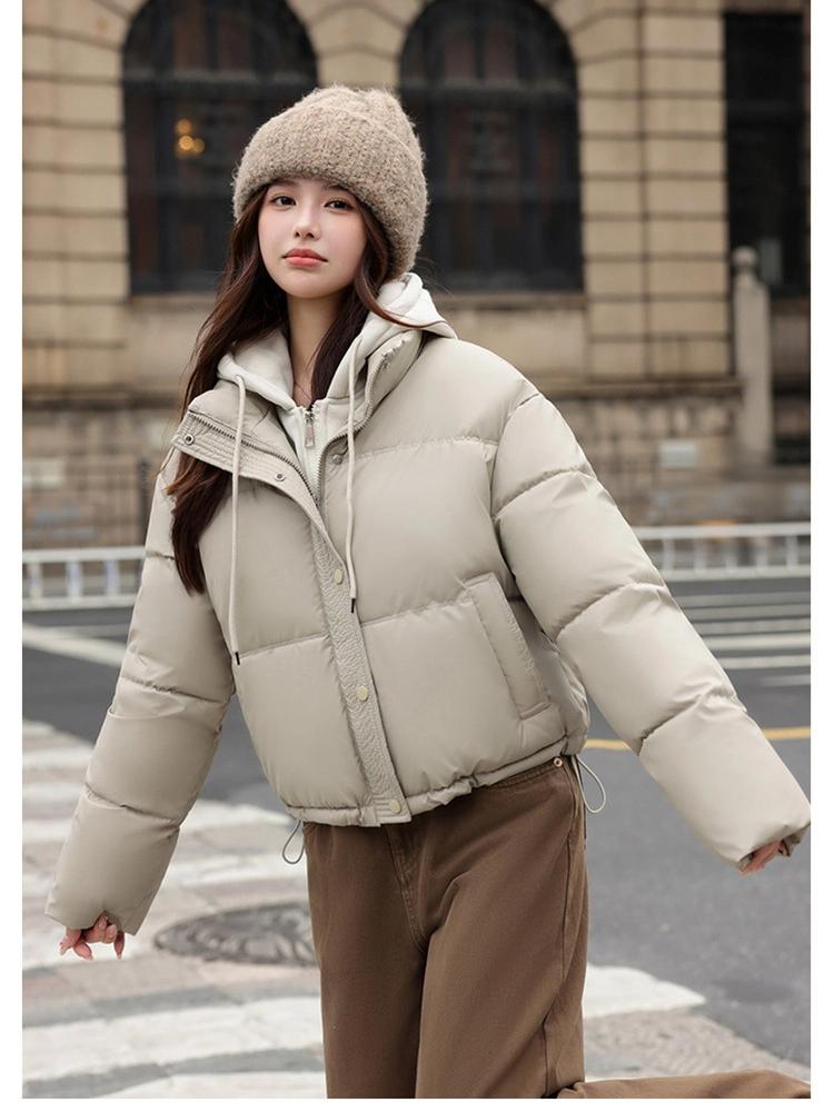Fake Two-Piece Hooded Short Puffer Jacket With Drawstring