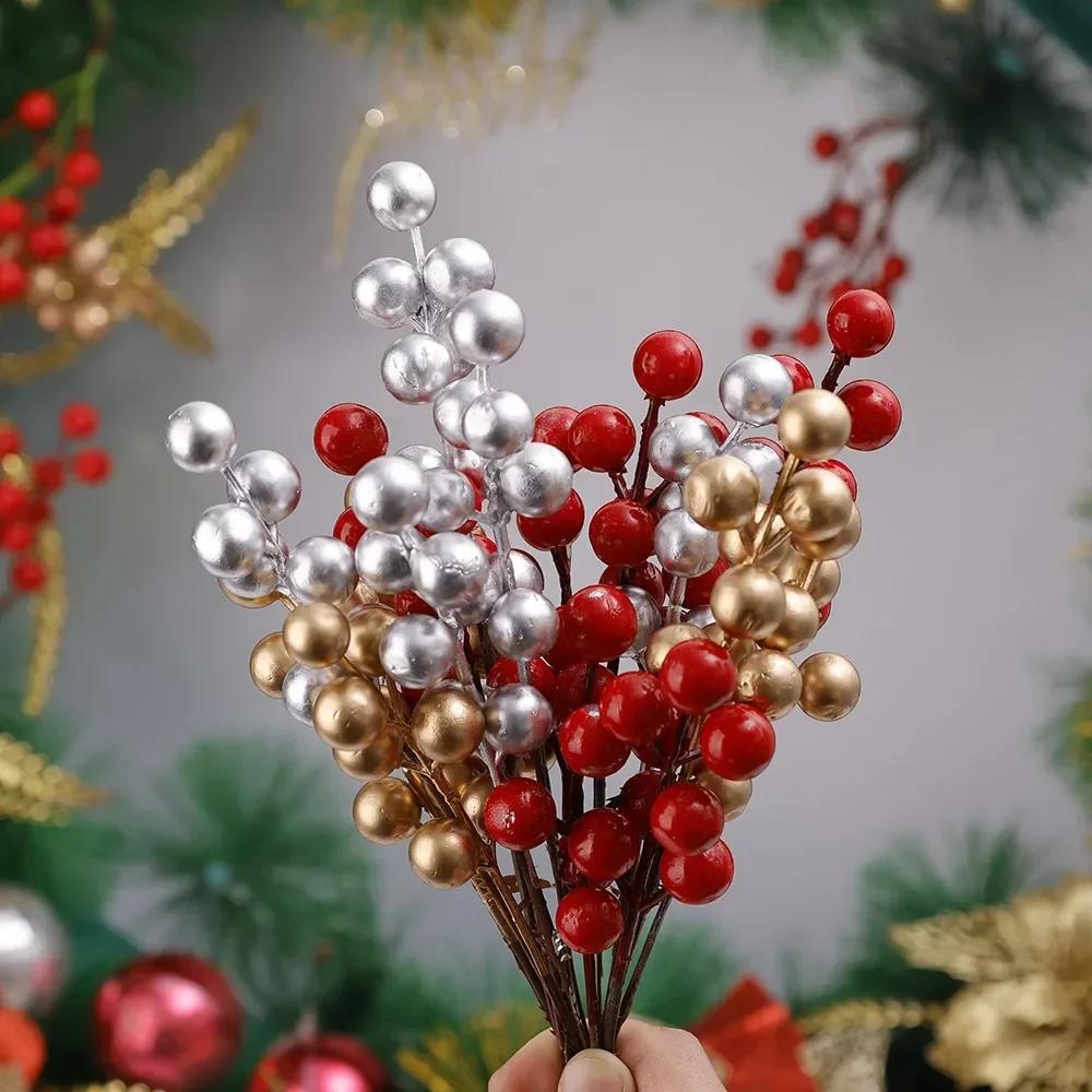 100/10PCS Red Artificial Berries Branch Christmas 7 Heads Holly Berry Stems DIY Craft Wreath New Year Party Xmas Tree Decoration