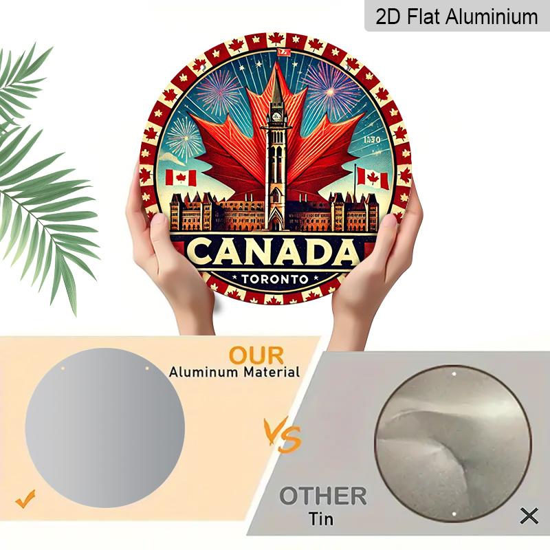 2D Flat, 1pc Toronto Canada Patriotic Flag Metal Wall Art - Retro Historic Buildings & Fireworks Sign with Maple Leaf Design, Durable Aluminum