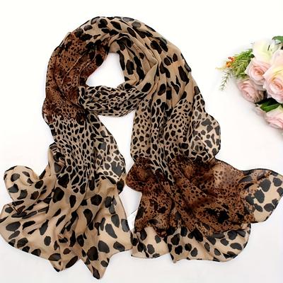1pc Boho Chic Leopard Print Scarf for Women Warm, Breathable 100% Polyester Inelastic Chiffon Shawl for Going Out, Travel, Beach