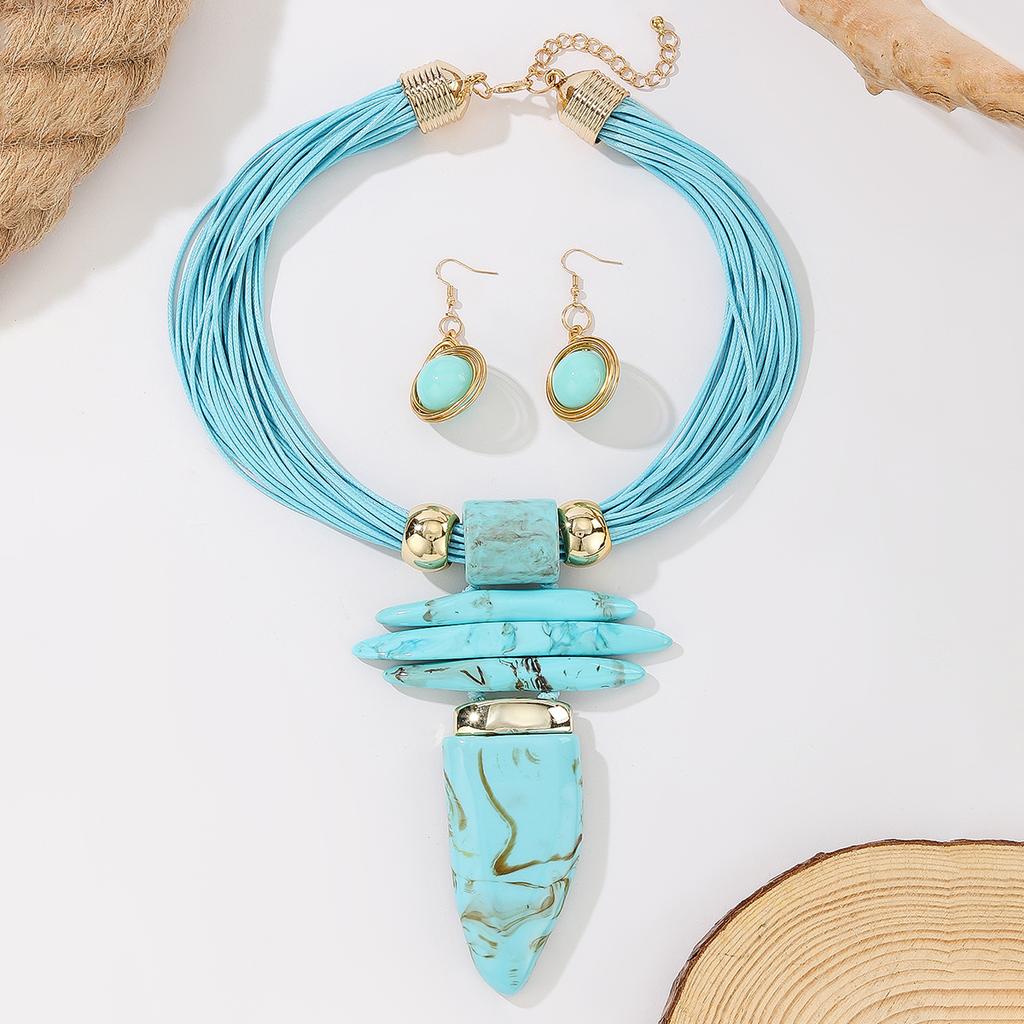 Set de Joyería Occidental Moda Irregular Turquesa Imitación Cuerda de Cera Collar Statement y Pendientes Accesorios de Fiesta para Mujer