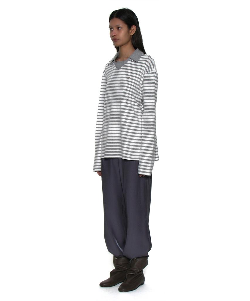 PARTIMENTO WOMEN Double Collar Stripe Long Sleeve Tee_Melange