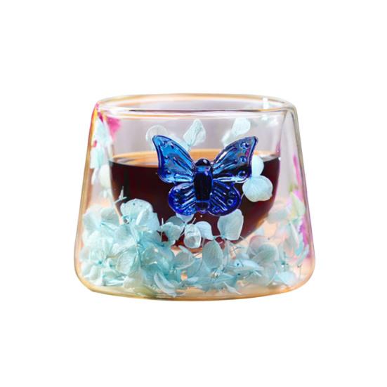 

Стеклянные кружки для кофе с двойными стенками и сушеными цветами, 150 мл, термостойкие стеклянные стаканы для дома, офиса, чашки для послеобеденного чая, уникальные подарки для женщин 150ML синий