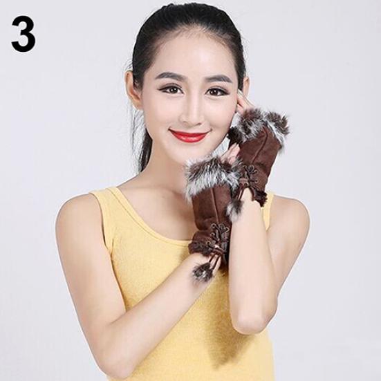 Women's Fashion Winter Warm Imitation Rabbit Hair Faux Leather Fingerless Gloves