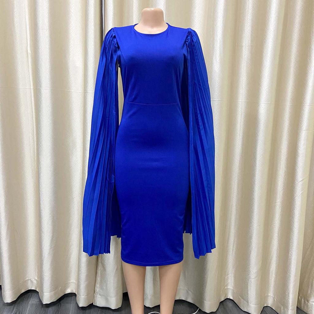 Artı Boyutu Kadın İlkbahar Sonbahar Pilili Yarık Uzun Kollu Elbise Bayanlar Moda Tek Parça Katı Yuvarlak Yaka Kılıf Elbise