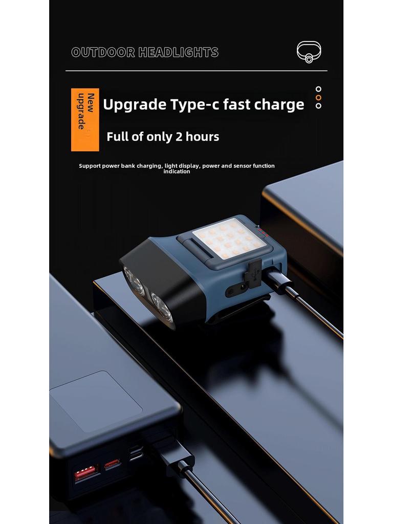 Rechargeable Waterproof Head-Mounted Fishing Light with Induction, Red Emergency Light, High Brightness, Lightweight Design.