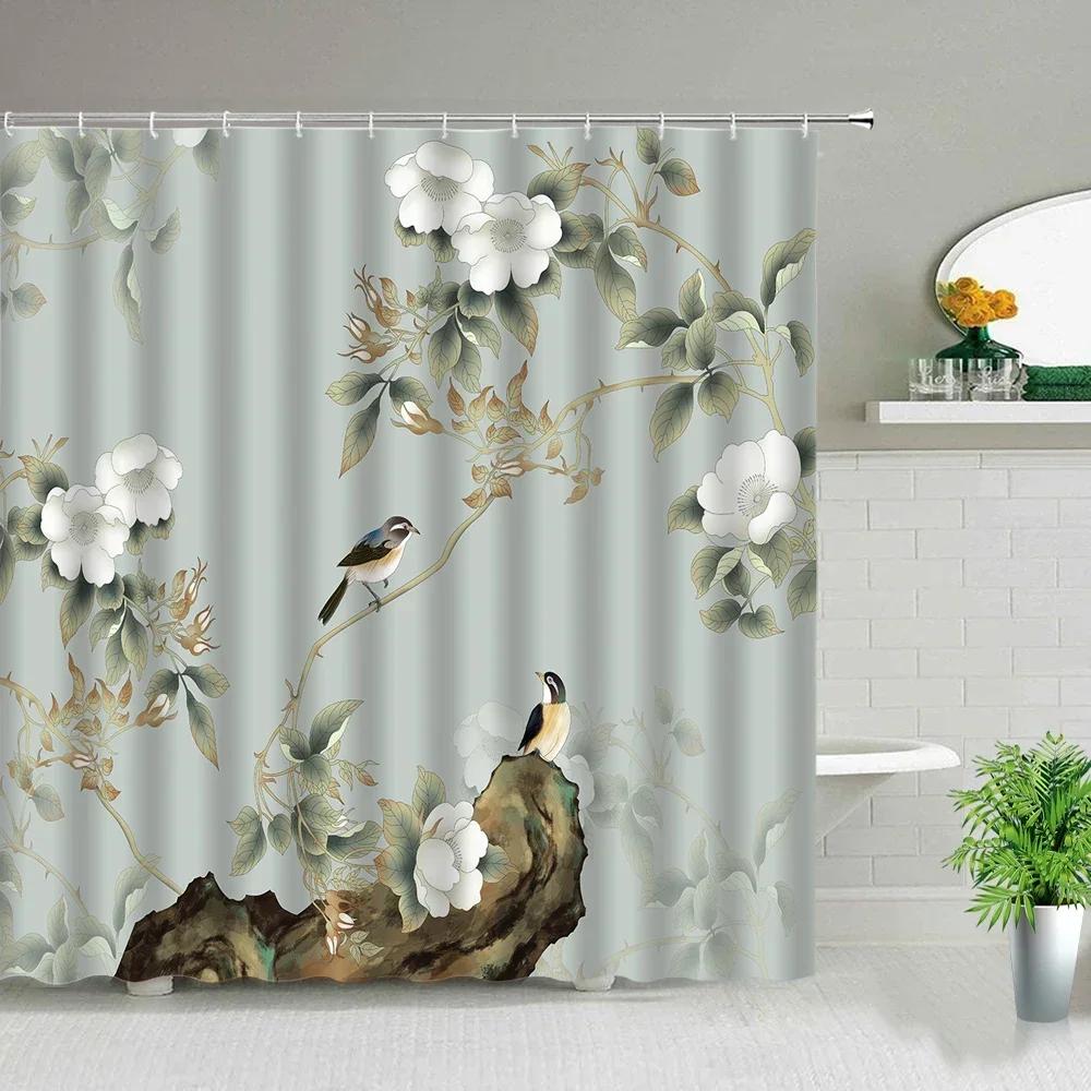 Chinese Style Ink painting Bamboo Landscape Shower Curtain Flower Bird Scenery Bathroom Waterproof Cloth Bath Curtains With Hook