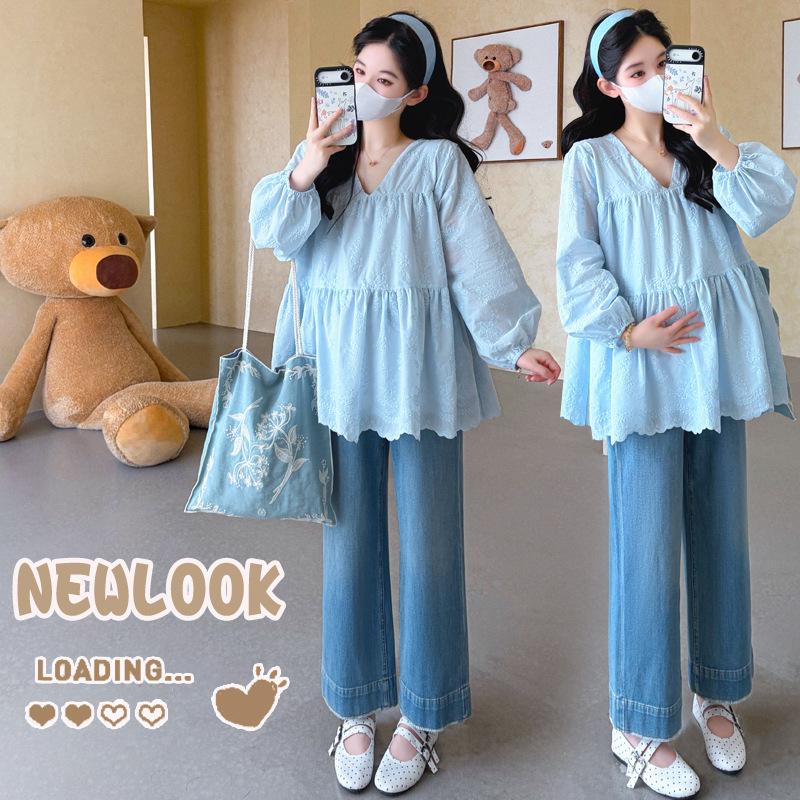 

2026 Korean Style Maternity Embroidered Doll Shirt - Slimming, Loose, Plus Size for Early Spring. M