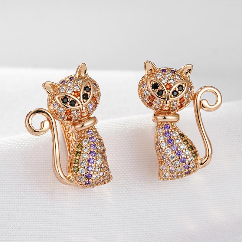 Fashion  Rose Gold Cute Cat Earrings For Girls Unique Black Natural Zircon Earrings Children Xmas Gifts Animal Jewelry