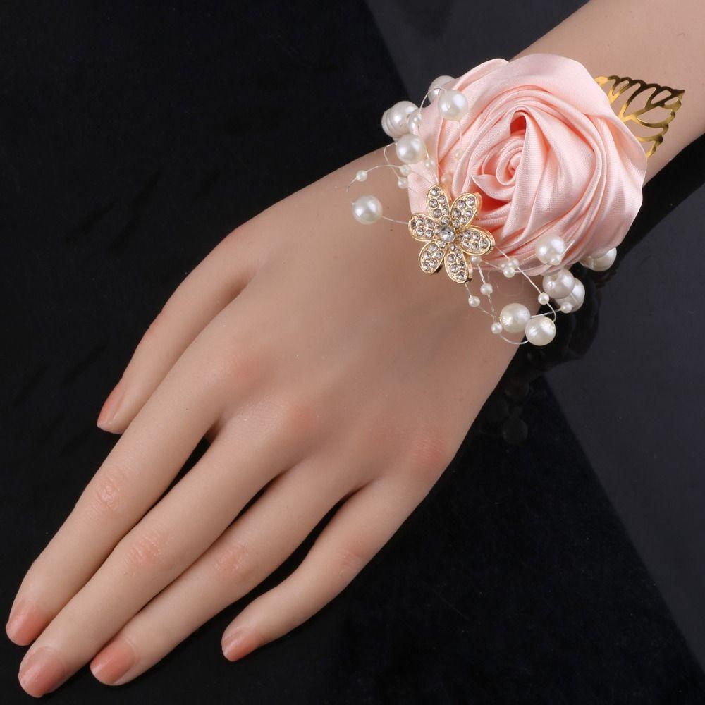 Artificial Rose Bridesmaid Wrist Flowers Pearl Wedding Flower Bracelet Wrist Corsage Girls