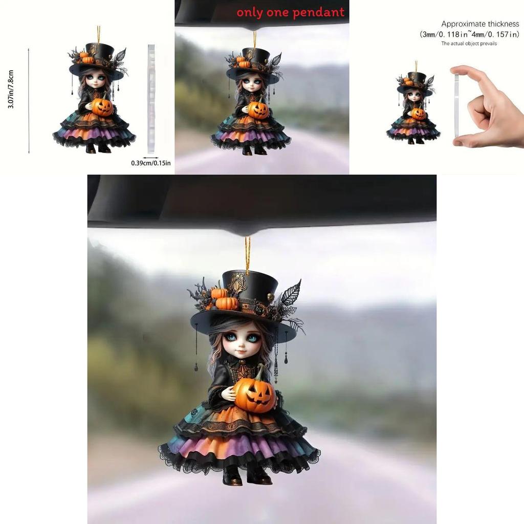 Acrylic Halloween Witch Car Rearview Mirror Decoration With Cartoon Style For Auto Interior Decor