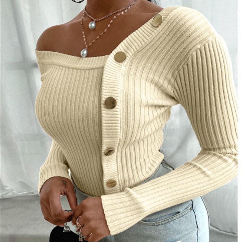 Herbst und Winter Damen einfarbig Langarm Pullover Nähte Knopf Gewinde Strumpfhosen