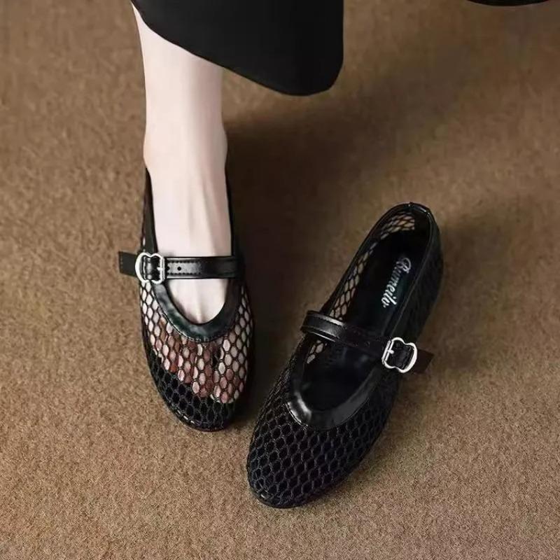 Fish grid hollow ballet shoes women's summer new round head casual women's shoes fashion belt buckle single shoes