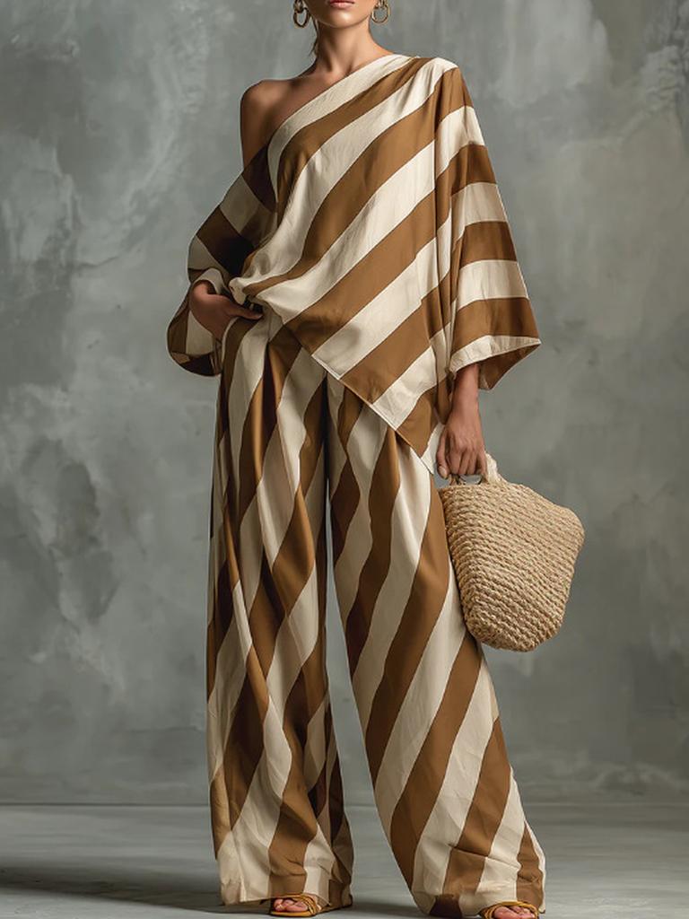 Trendy Lazy Vintage Striped Printed Top & Wide Leg Pants Set