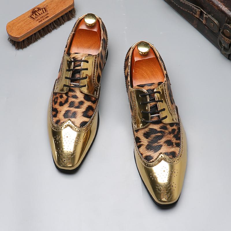 Luxury Shoes for Men Wedding Party Nightclub Leopard Patent Leather Patchwork Fashion Mens Brogue Derby Shoe Men Lace-up Flats