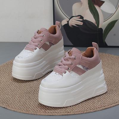 Fashion 12CM Air Mesh Genuine Leather Women Casual Platform Wedge Hidden Heel Summer Shoes Chunky Sneakers Fashion Hollow Sandals